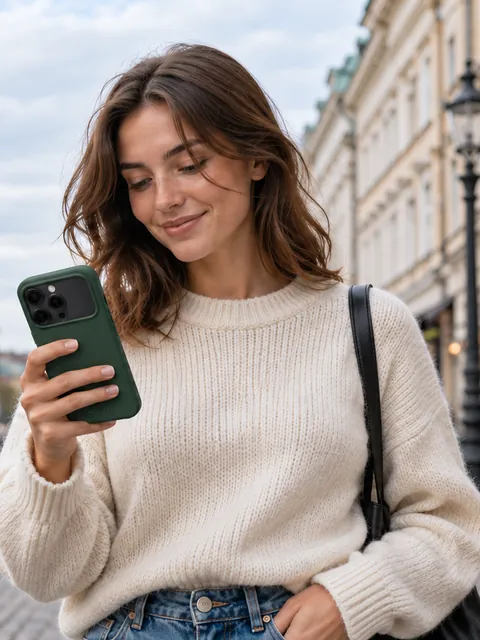 Kvinna vid kajen i Göteborg tittar på sin iPhone i skogsgrönt Corder-skal